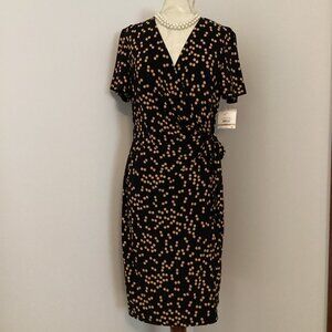 NWT ANNE KLEIN SHORT SLEEVE WRAP DRESS BLACK/CAMEL 12 CAREER OFFICE CONTEMPORARY